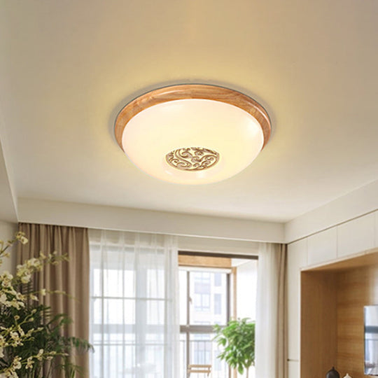 Modern Wood Bowl Ceiling Flush Mount Lighting | LED Acrylic Flushmount with Swirl Floral Carve | Warm/White Light | 14"/16"/18