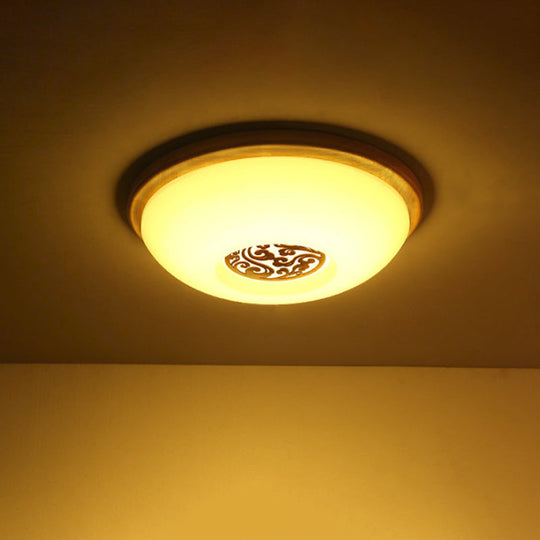 Modern Wood Bowl Ceiling Flush Mount Lighting | Led Acrylic Flushmount With Swirl Floral Carve