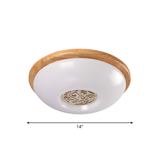 Modern Wood Bowl Ceiling Flush Mount Lighting | LED Acrylic Flushmount with Swirl Floral Carve | Warm/White Light | 14"/16"/18