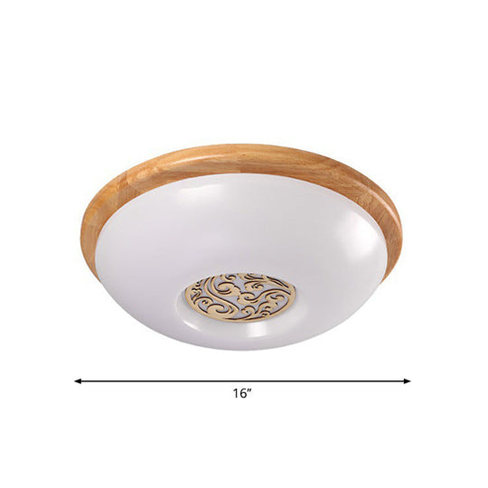 Modern Wood Bowl Ceiling Flush Mount Lighting | LED Acrylic Flushmount with Swirl Floral Carve | Warm/White Light | 14"/16"/18