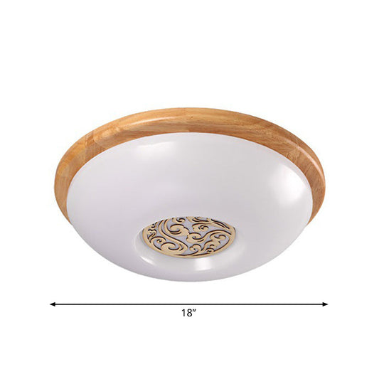 Modern Wood Bowl Ceiling Flush Mount Lighting | LED Acrylic Flushmount with Swirl Floral Carve | Warm/White Light | 14"/16"/18