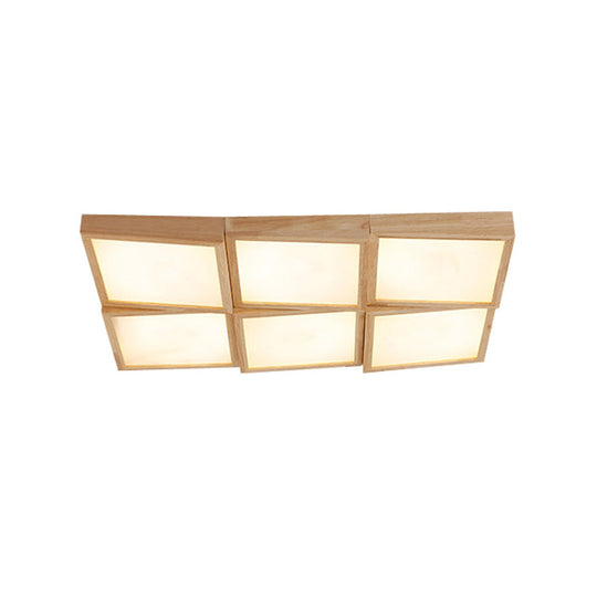 Nordic Wooden Checker Ceiling Light - Flush Mount Lamp (1/6/9-Light) in Beige for Living Room - Warm/White Light