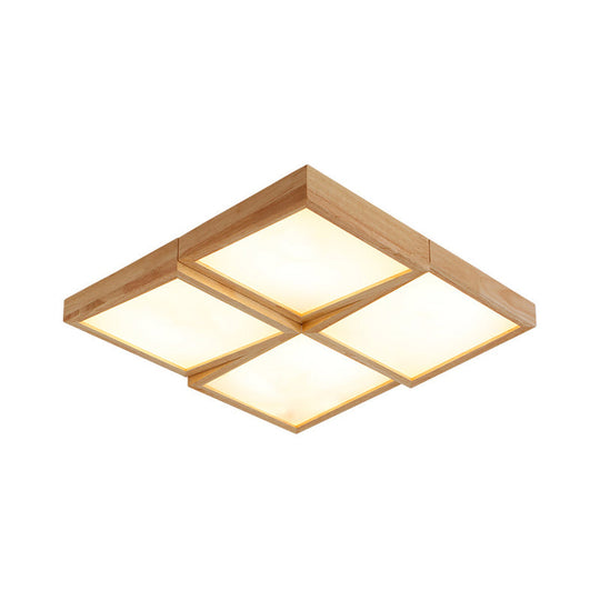 Nordic Wooden Checker Ceiling Light - Flush Mount Lamp (1/6/9-Light) in Beige for Living Room - Warm/White Light