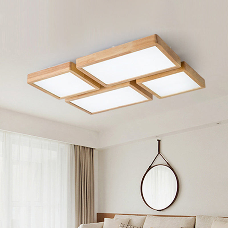 Nordic LED Ceiling Flushmount Lighting - Square/Rectangle/Checkered Wood Design - Acrylic Shade - 14"/21.5"/37.5" - Warm/White Light