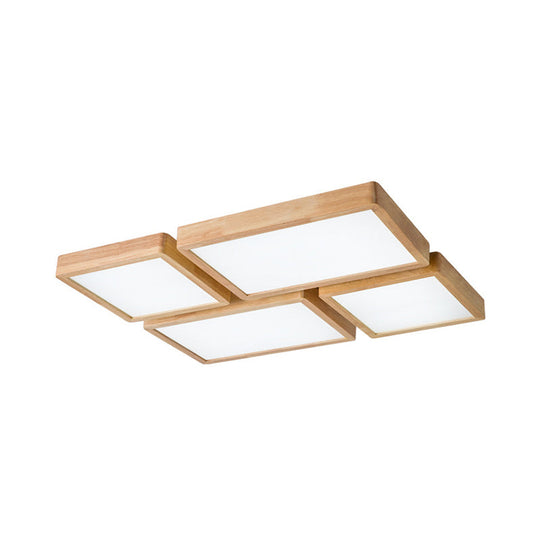 Nordic Led Ceiling Flushmount Lighting - Square/Rectangle/Checkered Wood Design Acrylic Shade