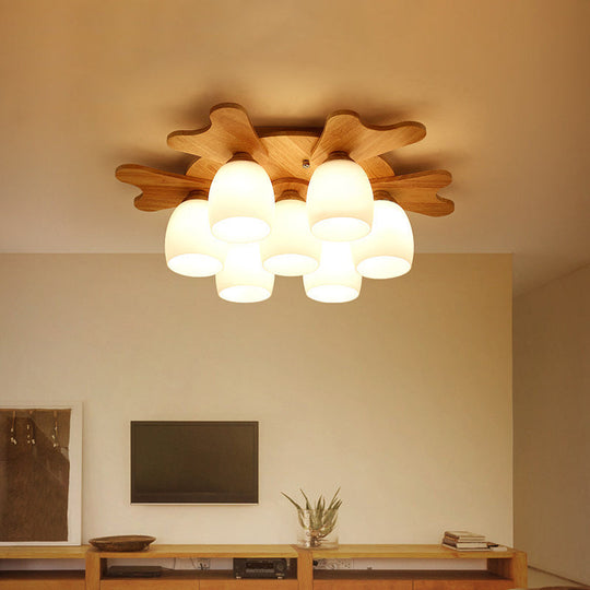 Nordic Cream Glass Bell Flush Ceiling Light with Antler Top and Wood Accents