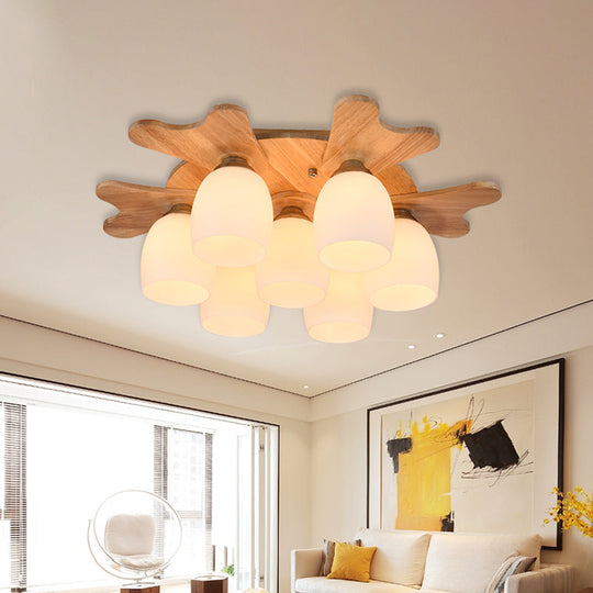 Nordic Cream Glass Bell Flush Ceiling Light with Antler Top and Wood Accents