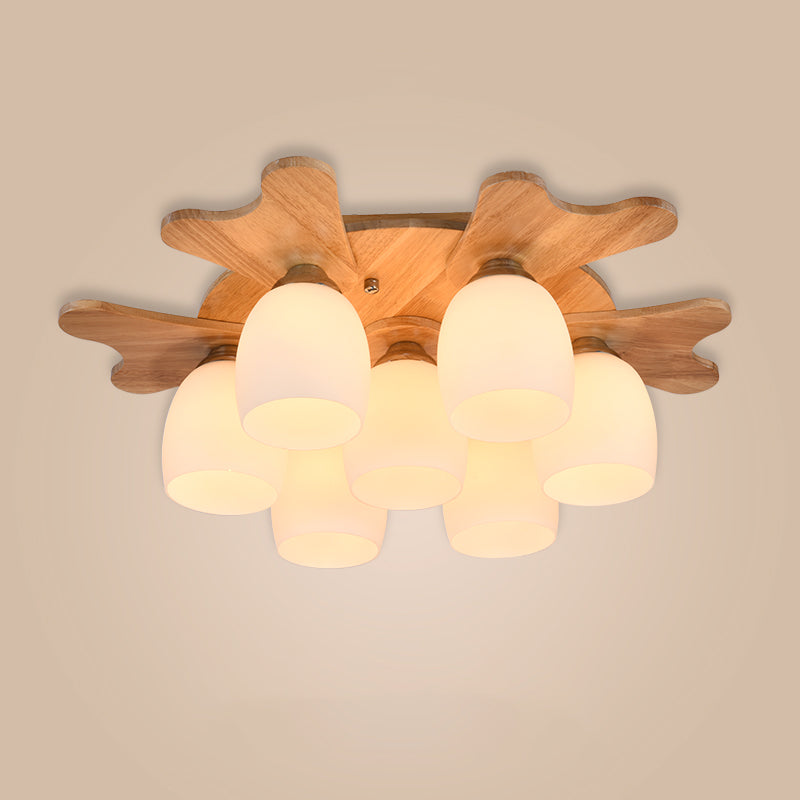 Nordic Cream Glass Bell Flush Ceiling Light with Antler Top and Wood Accents