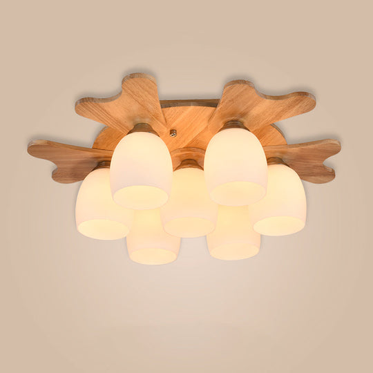 Nordic Cream Glass Bell Flush Ceiling Light With Antler Top And Wood Accents