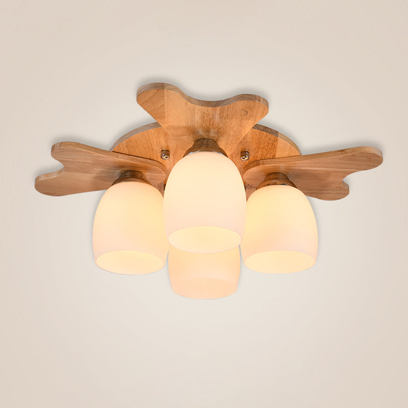 Nordic Cream Glass Bell Flush Ceiling Light with Antler Top and Wood Accents