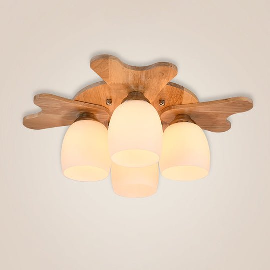 Nordic Cream Glass Bell Flush Ceiling Light With Antler Top And Wood Accents