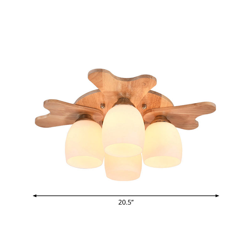 Nordic Cream Glass Bell Flush Ceiling Light with Antler Top and Wood Accents