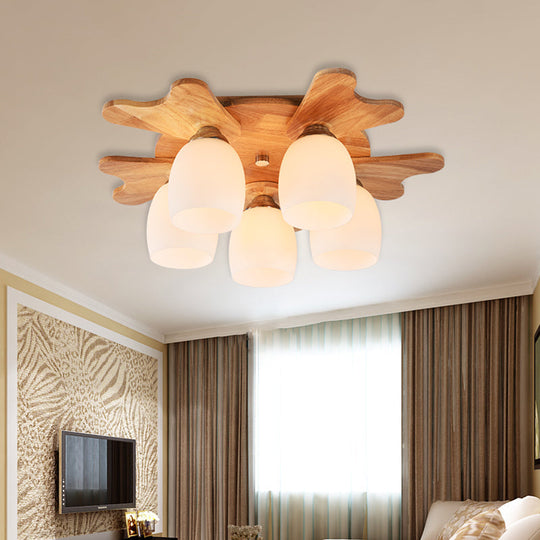 Nordic Cream Glass Bell Flush Ceiling Light with Antler Top and Wood Accents