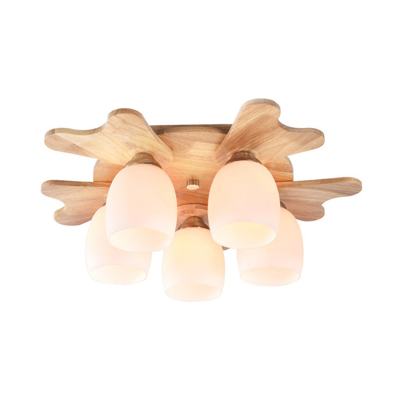 Nordic Cream Glass Bell Flush Ceiling Light with Antler Top and Wood Accents