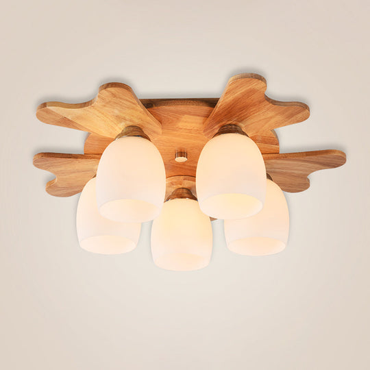 Nordic Cream Glass Bell Flush Ceiling Light with Antler Top and Wood Accents