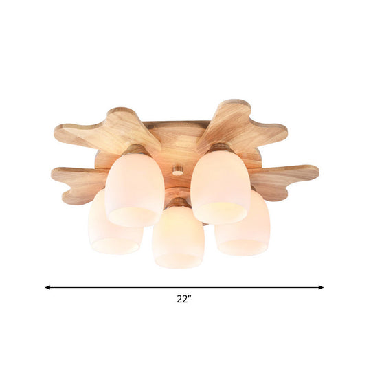 Nordic Cream Glass Bell Flush Ceiling Light with Antler Top and Wood Accents