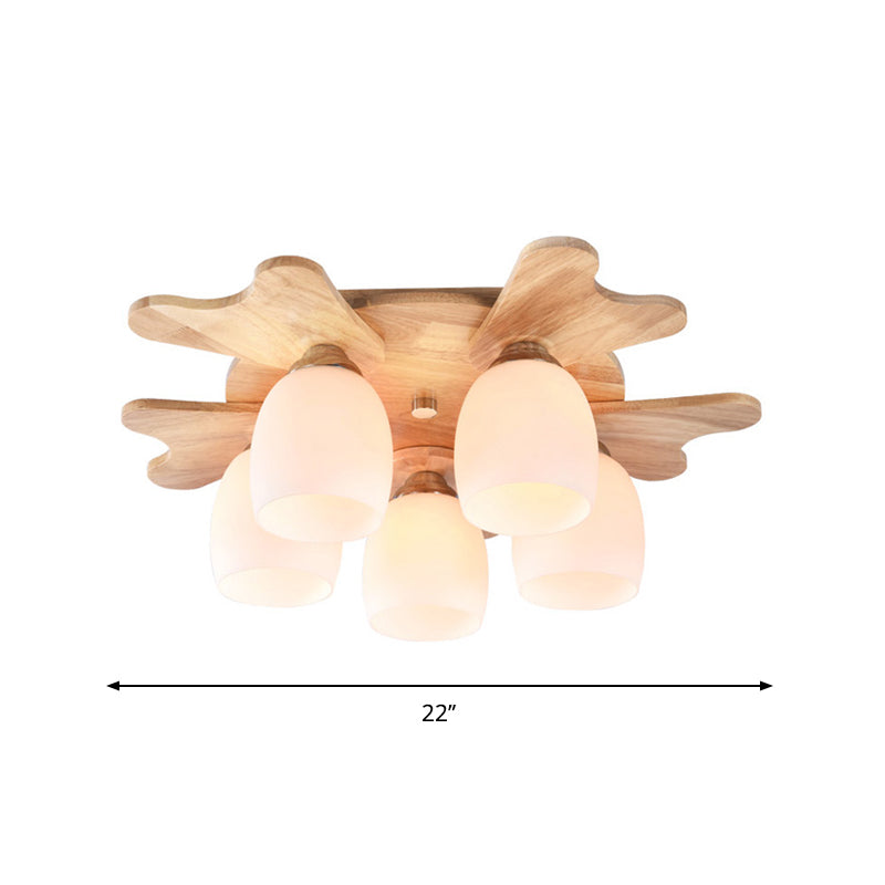 Nordic Cream Glass Bell Flush Ceiling Light With Antler Top And Wood Accents