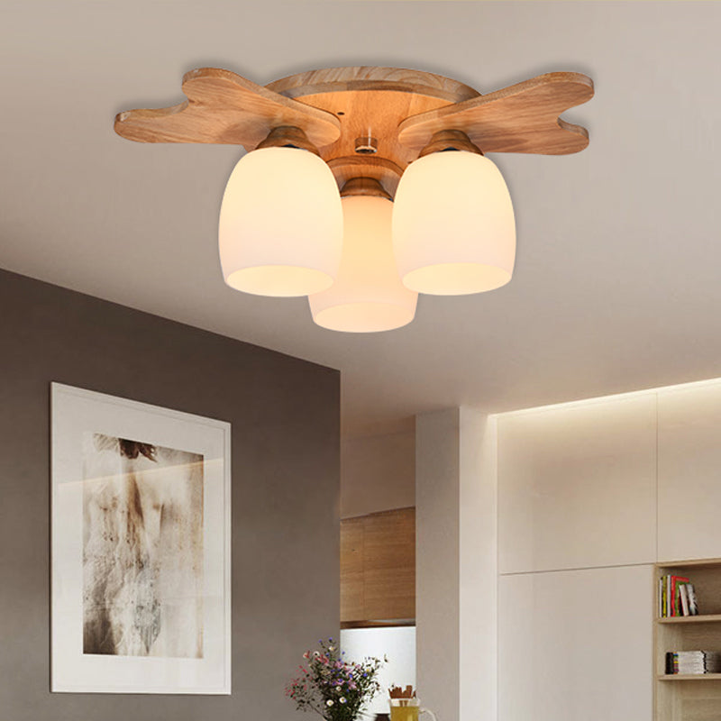 Nordic Cream Glass Bell Flush Ceiling Light with Antler Top and Wood Accents