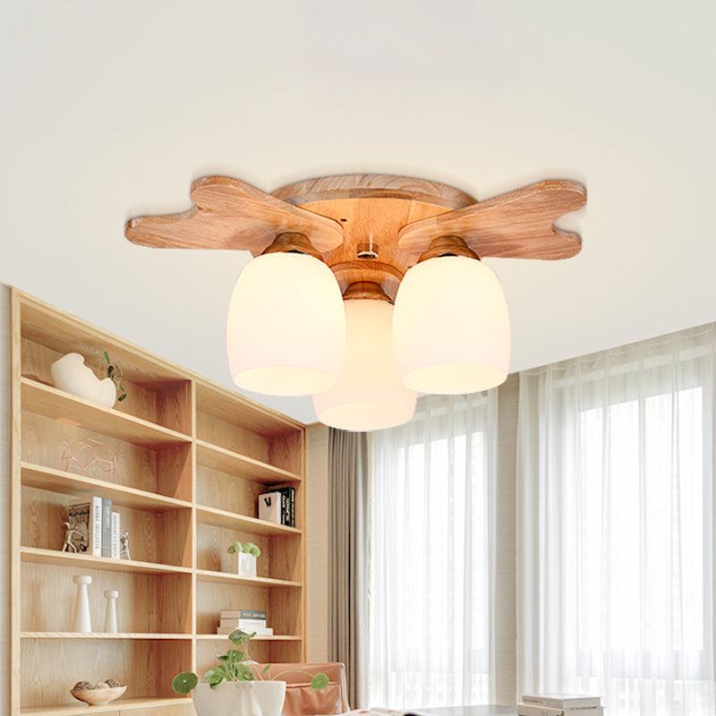 Nordic Cream Glass Bell Flush Ceiling Light With Antler Top And Wood Accents