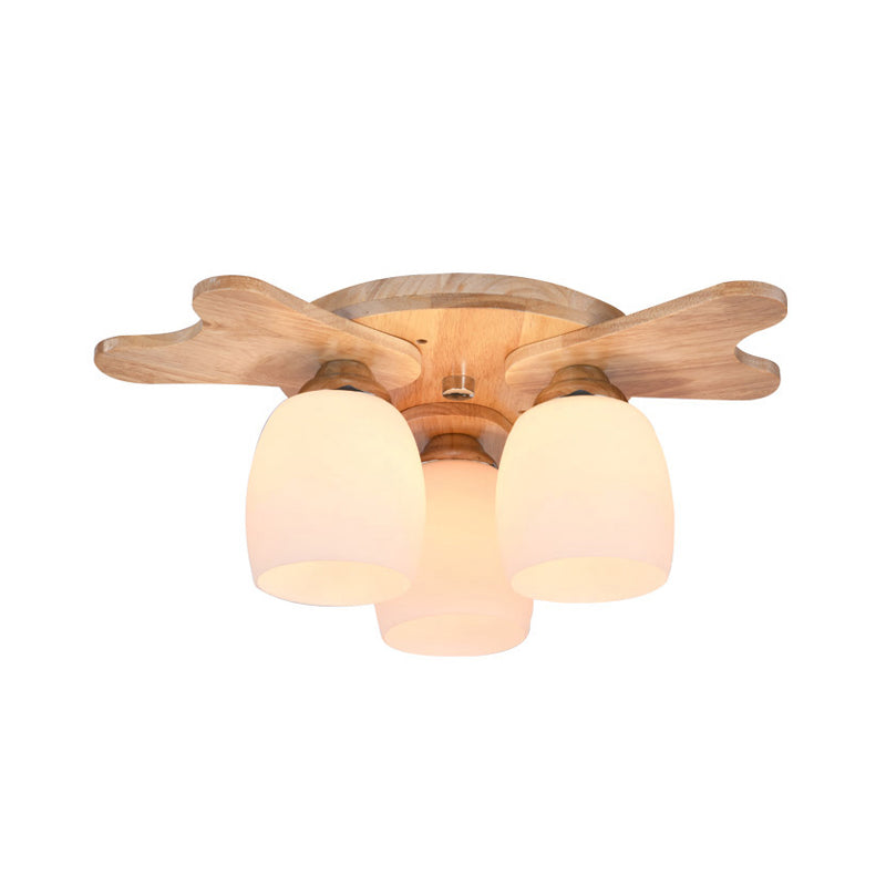 Nordic Cream Glass Bell Flush Ceiling Light with Antler Top and Wood Accents