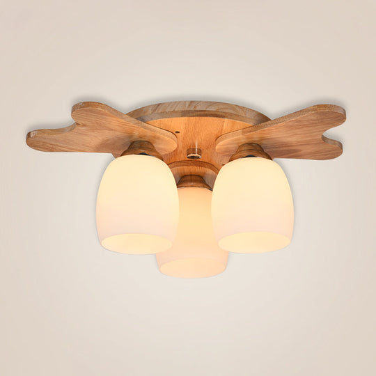 Nordic Cream Glass Bell Flush Ceiling Light with Antler Top and Wood Accents