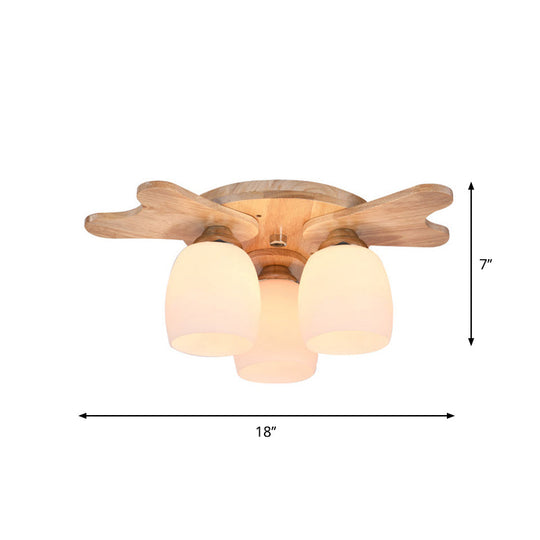 Nordic Cream Glass Bell Flush Ceiling Light with Antler Top and Wood Accents