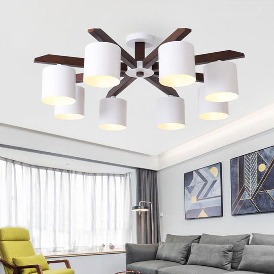 Modern Brown & White Semi Flush Chandelier - Ceiling Mount Light with Metallic Bucket Design (5/6/8-Bulb)