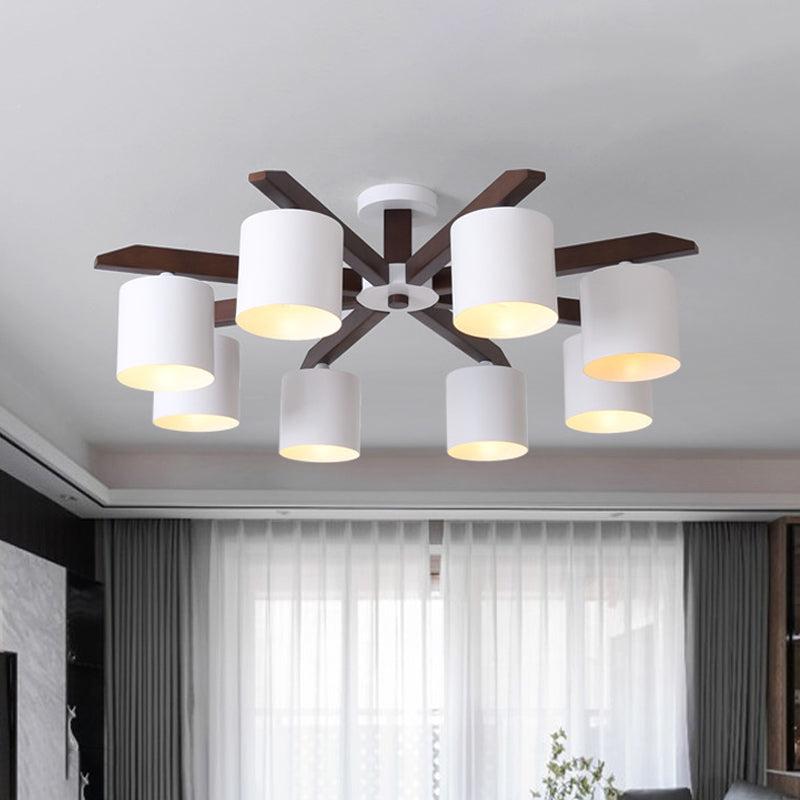 Modern Brown & White Semi Flush Chandelier - Ceiling Mount Light with Metallic Bucket Design (5/6/8-Bulb)