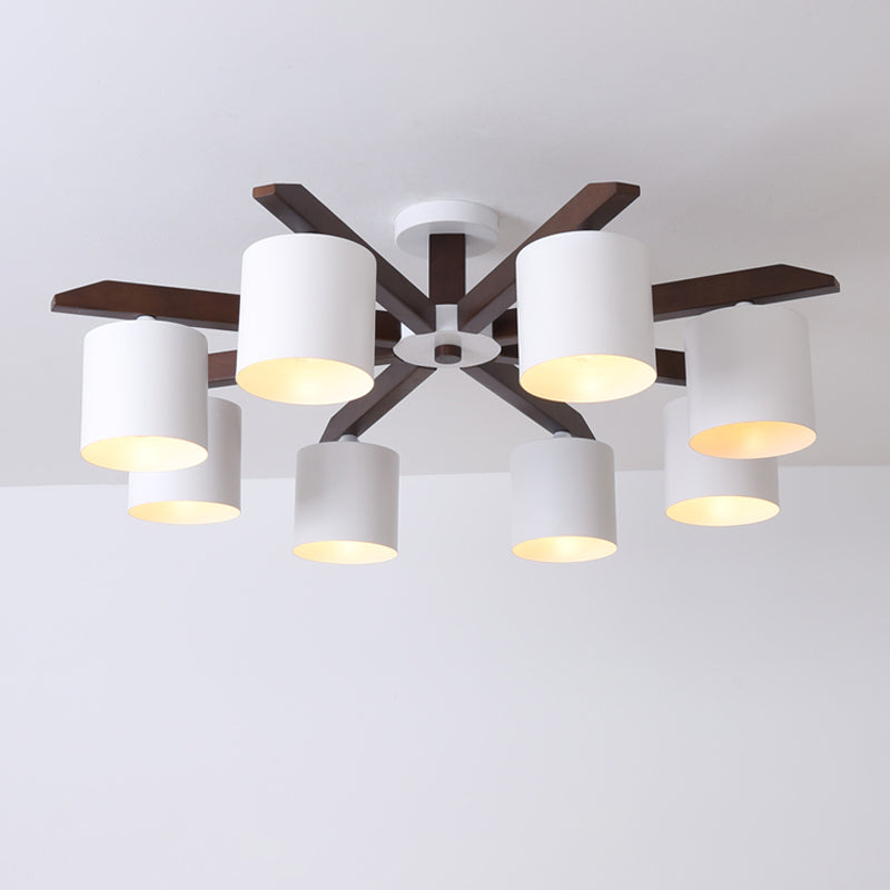 Modern Brown & White Semi Flush Chandelier - Ceiling Mount Light with Metallic Bucket Design (5/6/8-Bulb)