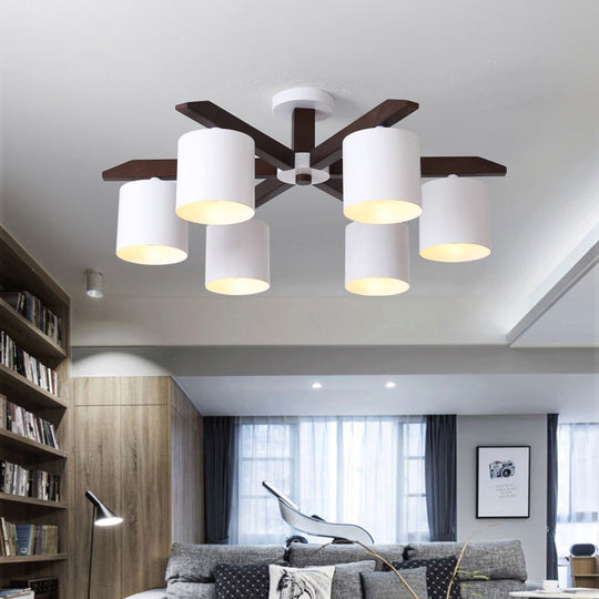 Modern Brown & White Semi Flush Chandelier - Ceiling Mount Light with Metallic Bucket Design (5/6/8-Bulb)