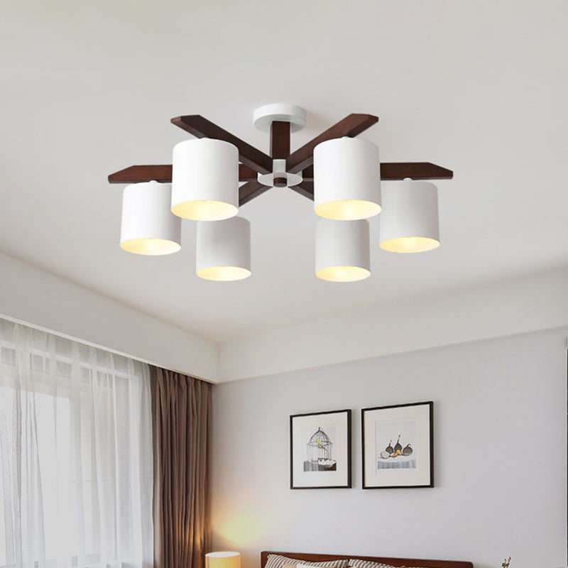 Modern Brown & White Semi Flush Chandelier - Ceiling Mount Light With Metallic Bucket Design