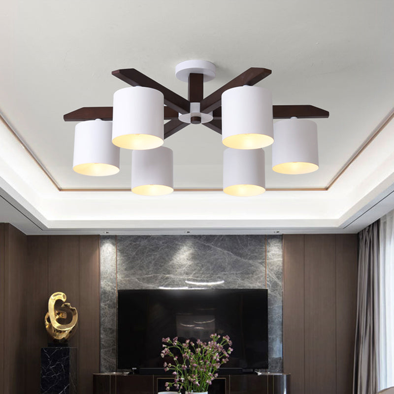 Modern Brown & White Semi Flush Chandelier - Ceiling Mount Light with Metallic Bucket Design (5/6/8-Bulb)