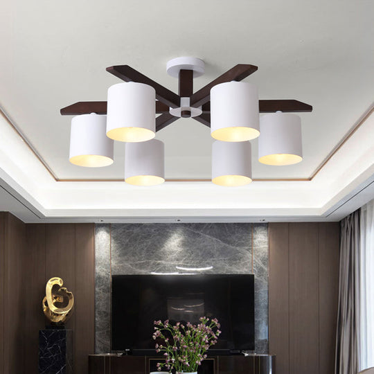 Modern Brown & White Semi Flush Chandelier - Ceiling Mount Light With Metallic Bucket Design