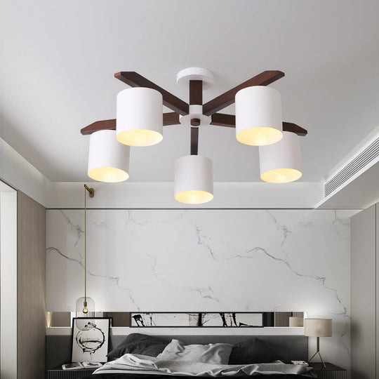 Modern Brown & White Semi Flush Chandelier - Ceiling Mount Light with Metallic Bucket Design (5/6/8-Bulb)