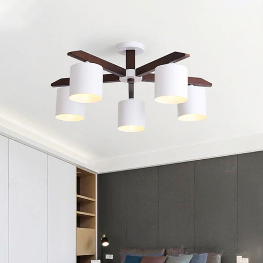 Modern Brown & White Semi Flush Chandelier - Ceiling Mount Light with Metallic Bucket Design (5/6/8-Bulb)