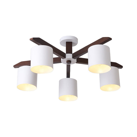 Modern Brown & White Semi Flush Chandelier - Ceiling Mount Light with Metallic Bucket Design (5/6/8-Bulb)