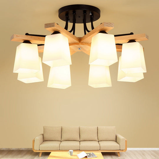 Nordic Black and Wood Semi Flush Mount Chandelier with Milk Glass Shade - 3/6/8 Light Ceiling Fixture for Living Room