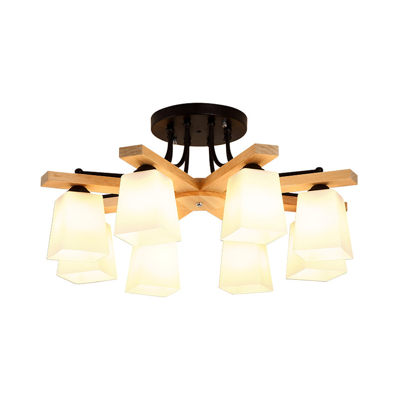 Nordic Black and Wood Semi Flush Mount Chandelier with Milk Glass Shade - 3/6/8 Light Ceiling Fixture for Living Room