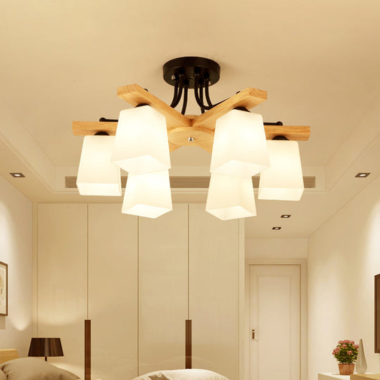 Nordic Black and Wood Semi Flush Mount Chandelier with Milk Glass Shade - 3/6/8 Light Ceiling Fixture for Living Room