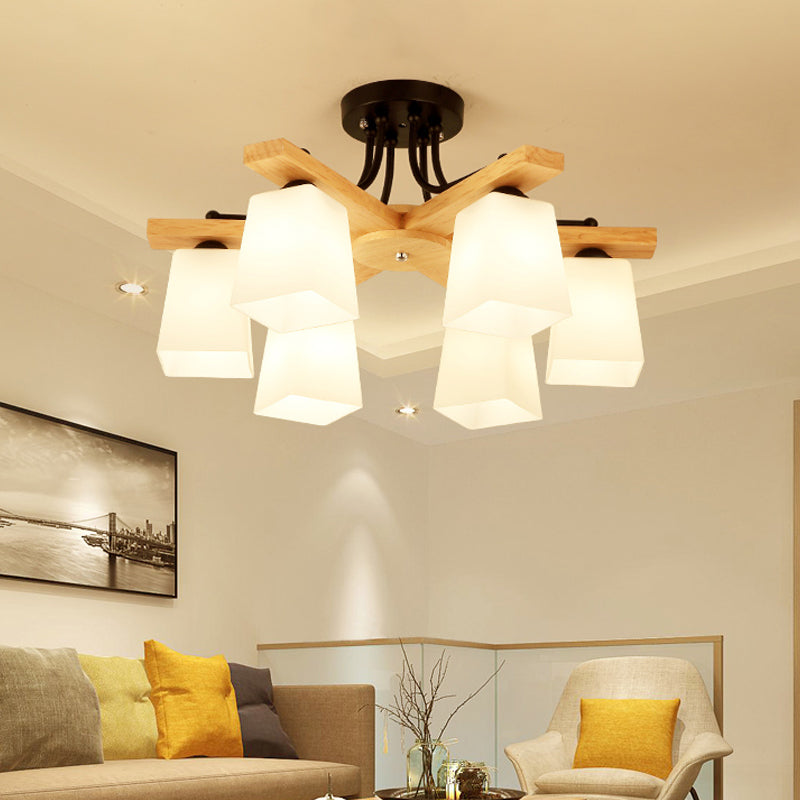 Nordic Black and Wood Semi Flush Mount Chandelier with Milk Glass Shade - 3/6/8 Light Ceiling Fixture for Living Room