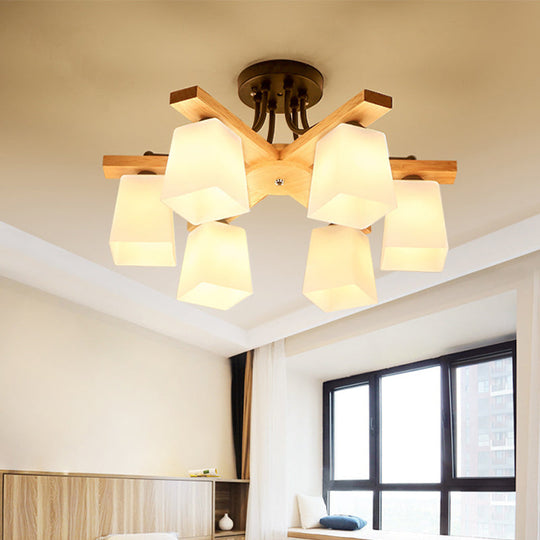 Nordic Black and Wood Semi Flush Mount Chandelier with Milk Glass Shade - 3/6/8 Light Ceiling Fixture for Living Room