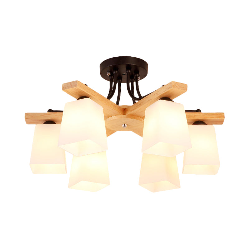 Nordic Black and Wood Semi Flush Mount Chandelier with Milk Glass Shade - 3/6/8 Light Ceiling Fixture for Living Room