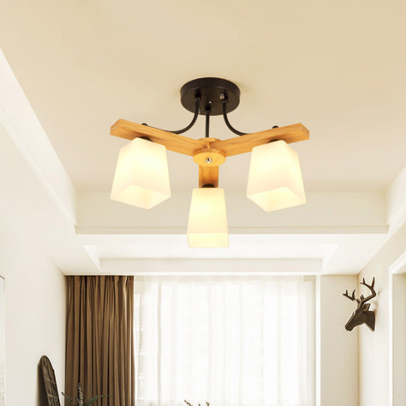 Nordic Black and Wood Semi Flush Mount Chandelier with Milk Glass Shade - 3/6/8 Light Ceiling Fixture for Living Room