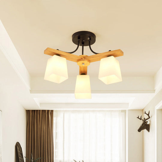 Nordic Black and Wood Semi Flush Mount Chandelier with Milk Glass Shade - 3/6/8 Light Ceiling Fixture for Living Room