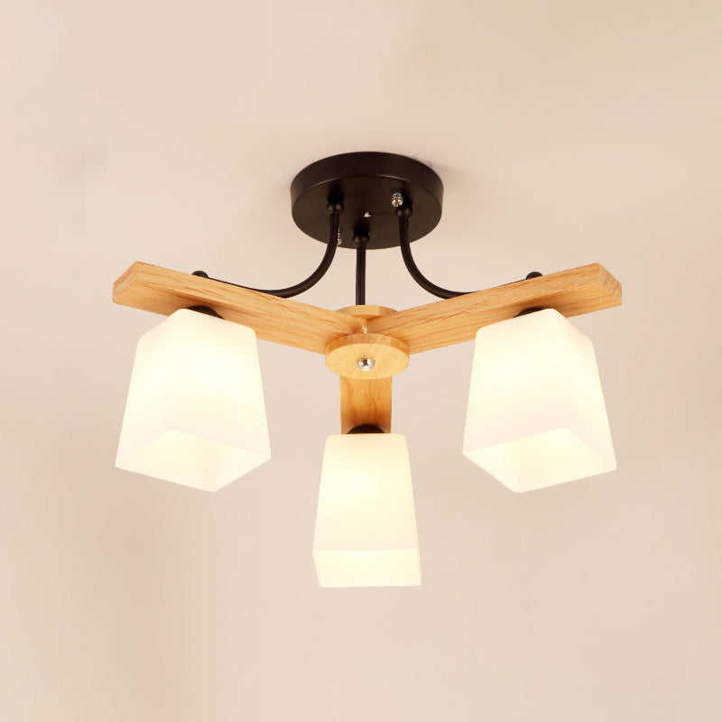 Nordic Black and Wood Semi Flush Mount Chandelier with Milk Glass Shade - 3/6/8 Light Ceiling Fixture for Living Room