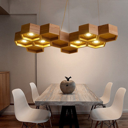 Modern Beehive Suspension Light: Wooden 6-Light Chandelier Pendant in Brown for Dining Room