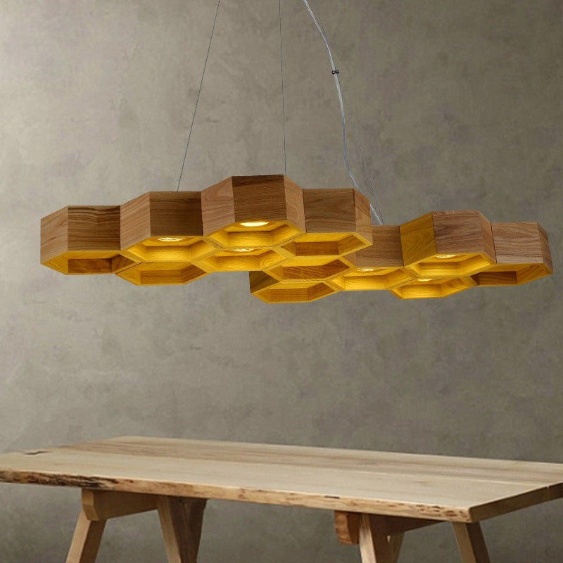 Modern Beehive Suspension Light: Wooden 6-Light Chandelier Pendant in Brown for Dining Room