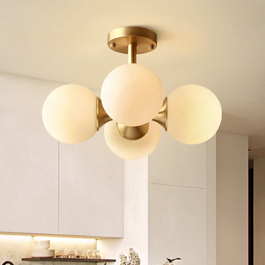 Opaline Glass 4 Bulb Semi Flush Gold Ceiling Mount Light Fixture For Ball Kitchen