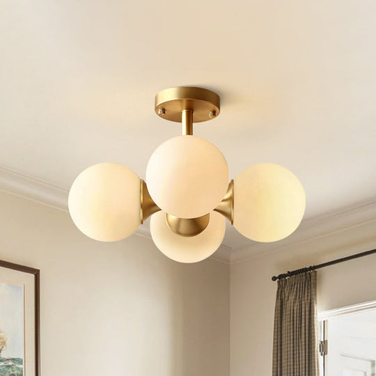 Opaline Glass 4 Bulb Semi Flush Gold Ceiling Mount Light Fixture For Ball Kitchen