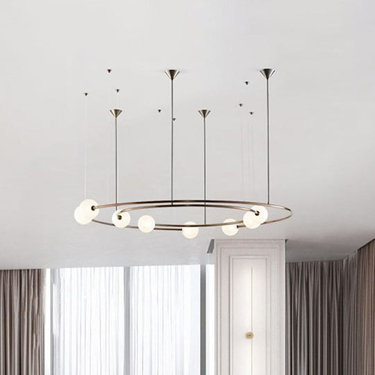 Postmodern Brass Ringed Hanging Light Fixture: 8-Bulb Cream Orb Glass Chandelier For Kitchen Bar